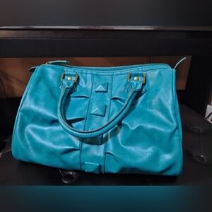 BLACK POPPY Elegant Teal Midi Handbag PU Decorations Zip Inside Pockets Preloved